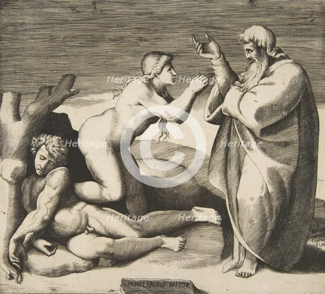 The creation of Eve who emerges from behind Adam, ca. 1530-70. Creator: Giulio Bonasone.