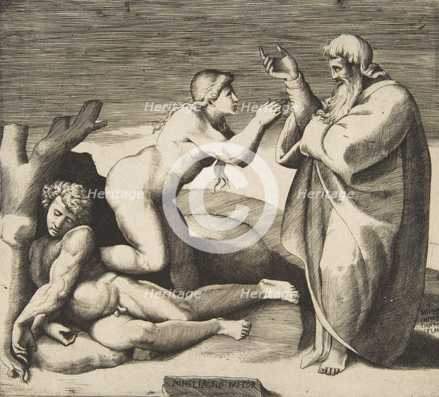 The creation of Eve who emerges from behind Adam, ca. 1530-70. Creator: Giulio Bonasone.