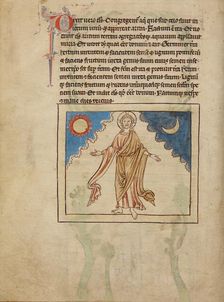 The Creation of the Sun, Moon, and Stars; Northumberland Bestiary, about 1250-1260. Creator: Unknown
