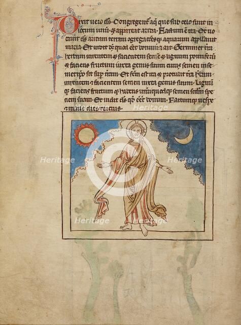 The Creation of the Sun, Moon, and Stars; Northumberland Bestiary, about 1250-1260. Creator: Unknown.