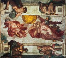 The Creation of the Sun, the Moon and the Plants. Sistine Chapel ceiling in the Vatican , 1508-1512. Creator: Buonarroti, Michelangelo (1475-1564)