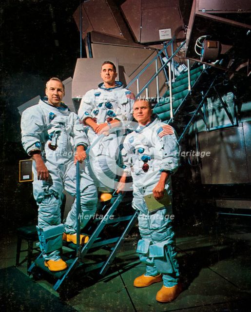 The crew of Apollo 8 in front of a simulator, 1968.Artist: NASA