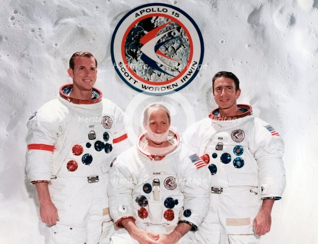 The crew of the Apollo 15 Mission at the Manned Spacecraft Centre, Houston, Texas, 1971.Artist: NASA