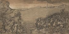 The crossing of the red sea, Moses stands at the left pointing to the army being submerged..., 1589. Creator: Andrea Andreani