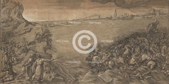 The crossing of the red sea, Moses stands at the left pointing to the army being submerged..., 1589. Creator: Andrea Andreani.
