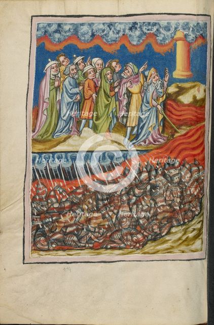The Crossing of the Red Sea; The Egyptians Engulfed; Weltchronik, about 1400-1410. Creator: Unknown.