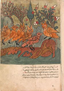 The Crow Spy Talks to the King of the Owls and His Ministers, Folio from a Kalila..., 18th century. Creator: Unknown