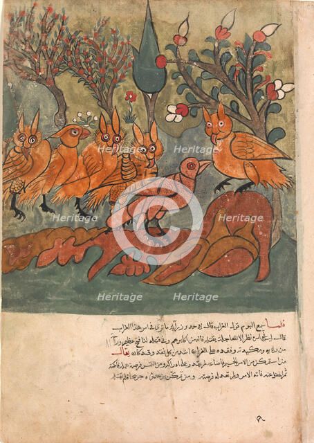 The Crow Spy Talks to the King of the Owls and His Ministers, Folio from a Kalila..., 18th century. Creator: Unknown.