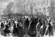 The crowd outside the National Assembly, Versailles, during the debate on the Dissolution, 1872. Creator: Unknown