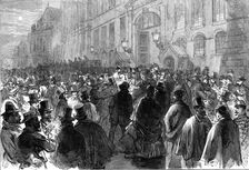 The crowd outside the National Assembly, Versailles, during the debate on the Dissolution, 1872. Creator: Unknown