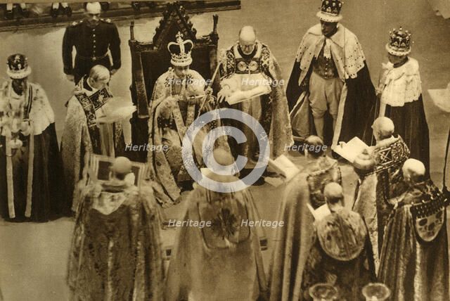 'The Crowned King George VI Seated on the Coronation Chair', 1937. Creator: Photochrom Co Ltd of London.