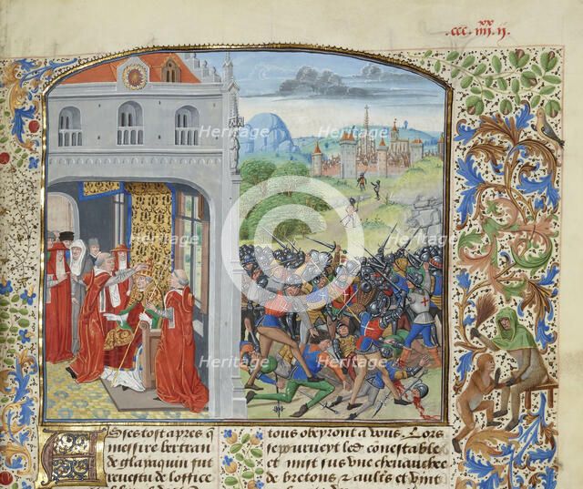 The crowning of Pope Gregory XI and the Battle of Pontvallain, 1370, ca 1470-1475. Creator: Liédet, Loyset (1420-1479).