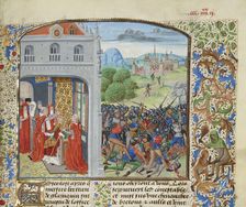 The crowning of Pope Gregory XI and the Battle of Pontvallain, 1370, ca 1470-1475. Creator: Liédet, Loyset (1420-1479)