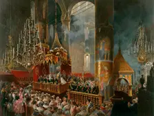 The crowning of Tsarina Maria Alexandrovna of Russia, Moscow, 1856. Artist: Mihály Zichy