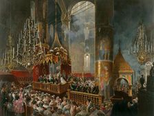 The crowning of Tsarina Maria Alexandrovna of Russia, Moscow, 1856. Artist: Mihály Zichy