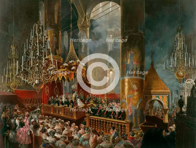 The crowning of Tsarina Maria Alexandrovna of Russia, Moscow, 1856.  Artist: Mihály Zichy
