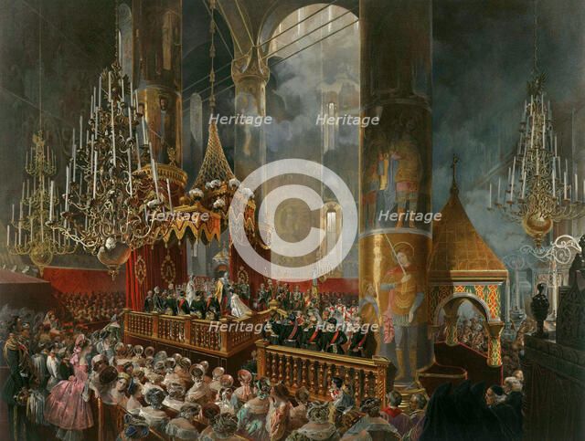 The crowning of Tsarina Maria Alexandrovna of Russia, Moscow, 1856.  Artist: Mihály Zichy