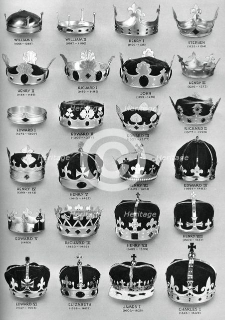 The crowns of English sovereigns from William the Conqueror to Charles I, 1937. Artist: Unknown