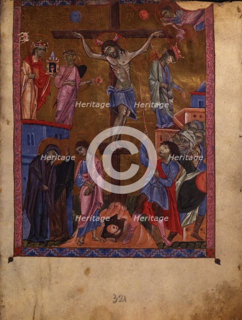The Crucifixion (Manuscript illumination from the Matenadaran Gospel), 1268.