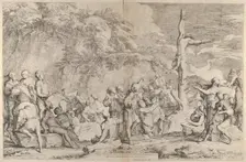 The crucifixion of Polycrates the tyrant after his capture by the Persians , ca. 1662. Creator: Salvator Rosa