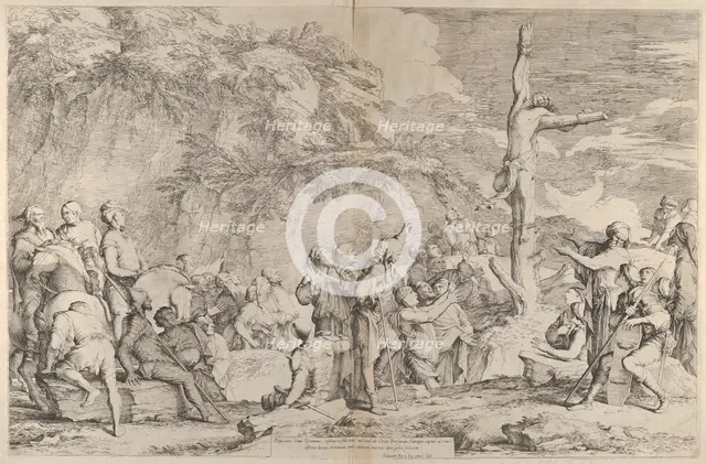 The crucifixion of Polycrates the tyrant after his capture by the Persians , ca. 1662. Creator: Salvator Rosa.
