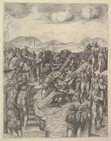 The Crucifixion of Saint Peter, after Michelangelo's frescoes in the Pauline Chapel, Va..., 1550-60. Creator: Michele Lucchese