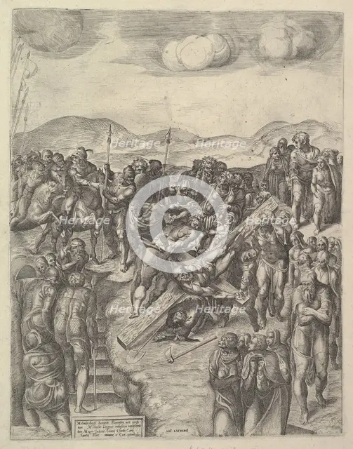 The Crucifixion of Saint Peter, after Michelangelo's frescoes in the Pauline Chapel, Va..., 1550-60. Creator: Michele Lucchese.