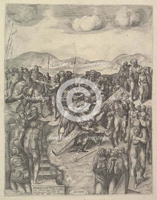The Crucifixion of Saint Peter, after Michelangelo's frescoes in the Pauline Chapel, Va..., 1550-60. Creator: Michele Lucchese.