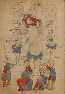 The Crucifixion and The Deposition; Gospel Book, 1386. Creator: Unknown
