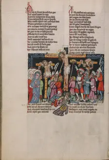 The Crucifixion with Longinus; Weltchronik, about 1400-1410. Creator: Unknown