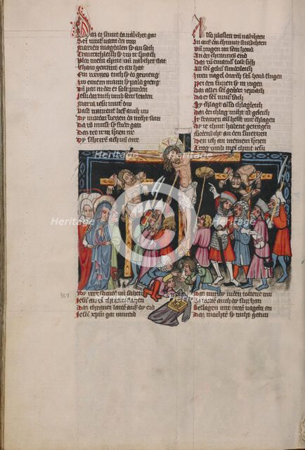 The Crucifixion with Longinus; Weltchronik, about 1400-1410. Creator: Unknown.