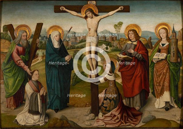 The Crucifixion with Saints and Donators, c.1490-1495. Creator: Master of the Aachen Cabinet Doors (Master of the Aachen Life of the Virgin) (active ca. 1485-1500).