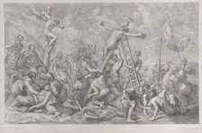 The Crucifixion, with the lowering of the cross at center, soldiers throughout, and a thie..., 1762. Creator: Giovanni Battista Cipriani