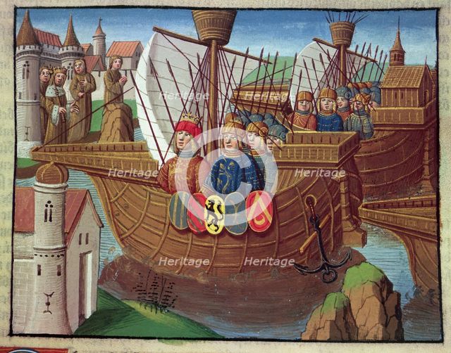 The Crusaders returning from the Holy Land, miniature in the incunable 'Ogier le Danois', printed…
