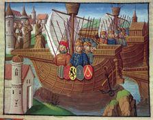The Crusaders returning from the Holy Land, miniature in the incunable Ogier le Danois printed…