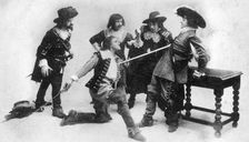 The duel, scene from act I of The Breed of the Treshams by John Rutherford, 20th century