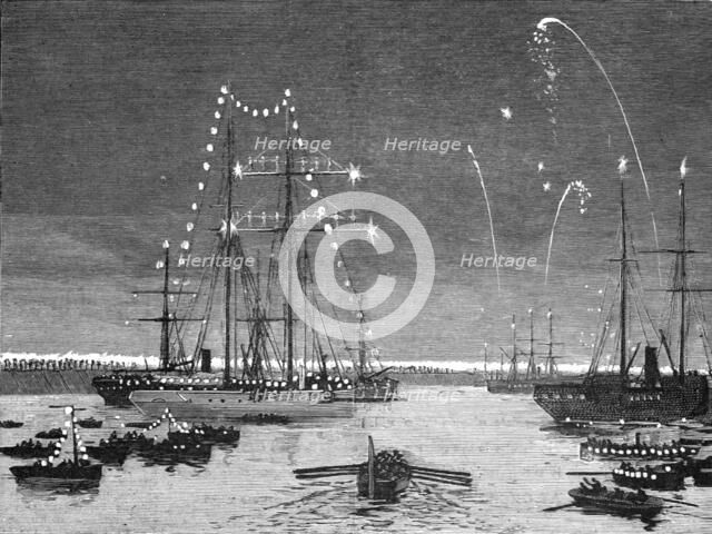 ''The Duke and Duchess of Connaught leaving Colombo Harbour at night', 1890. Creator: Unknown.