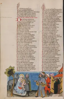 The Duke Aphrodisius before the Holy Family; Weltchronik, about 1400-1410. Creator: Unknown