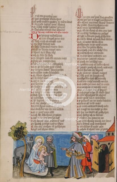 The Duke Aphrodisius before the Holy Family; Weltchronik, about 1400-1410. Creator: Unknown.