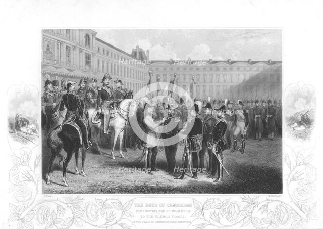 The Duke of Cambridge presenting the Crimean Medal to French soldiers, 1856. Artist: Unknown