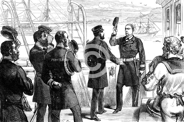 The Duke of Edinburgh receiving the Commander of the U.S. frigate Constellation at Queenstown, 1880. Creator: Unknown.