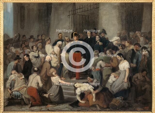 The Duke of Orleans visiting the sick at Hotel-Dieu during the cholera epidemic of 1832. Creator: Alfred Johannot.