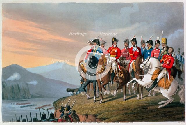 'The Duke of Wellington and his Staff Crossing the Bidassoa and Entering France', 1813 (1816). Artist: Matthew Dubourg