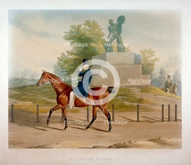 The Duke of Wellington riding past the Achilles statue in Hyde Park, London, 1844.  Artist: John Harris