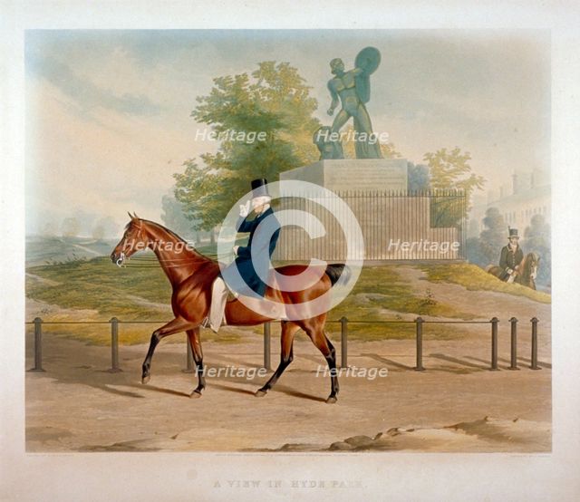 The Duke of Wellington riding past the Achilles statue in Hyde Park, London, 1844.  Artist: John Harris