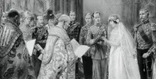 The Duke of York placing the ring on Lady Elizabeth Bowes-Lyon's finger, 26 April 1923, (1937). Creator: Unknown