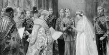 The Duke of York placing the ring on Lady Elizabeth Bowes-Lyon's finger, 26 April 1923, (1937). Creator: Unknown