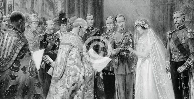 The Duke of York placing the ring on Lady Elizabeth Bowes-Lyon's finger, 26 April 1923, (1937). Creator: Unknown.