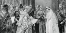 The Duke of York placing the ring on Lady Elizabeth Bowes-Lyon's finger, 26 April 1923, (1937). Creator: Unknown