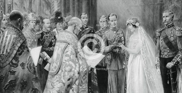 The Duke of York placing the ring on Lady Elizabeth Bowes-Lyon's finger, 26 April 1923, (1937). Creator: Unknown.